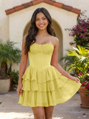 Pink Lace Strapless Corset Mini Dress Tiered Chiffon Skirt Lace Up Back Homecoming Dresses