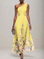 Light Blue Floral Chiffon One Shoulder Sleeveless A-Line Maxi Dress Gown