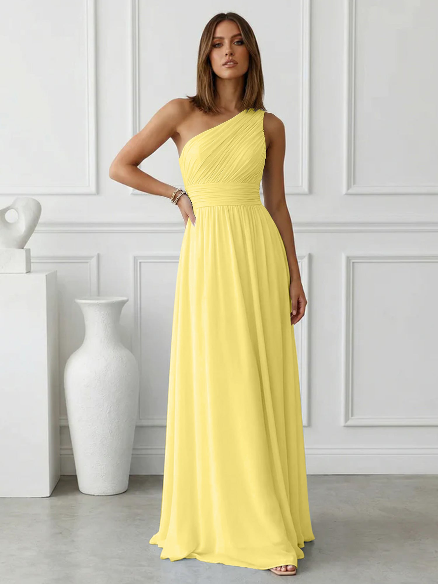 Timeless Light Blue One-Shoulder Maxi Dress Ruched Chiffon Gown