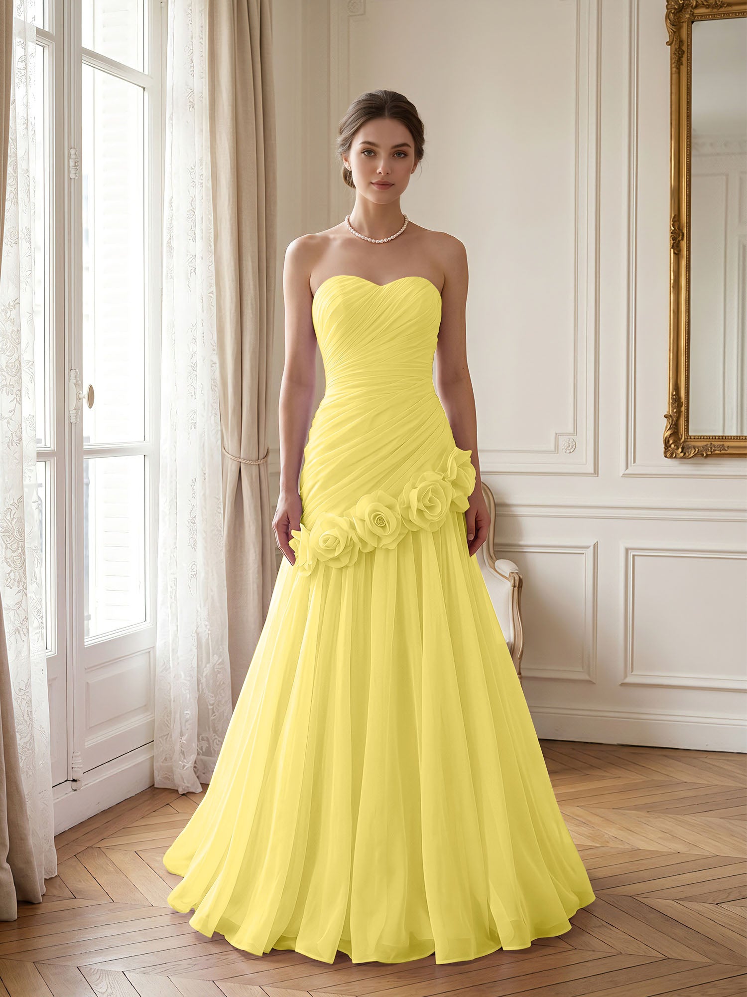 Lilac 3D Rosette Strapless Chiffon Evening Formal Gown Wedding Guest Dress
