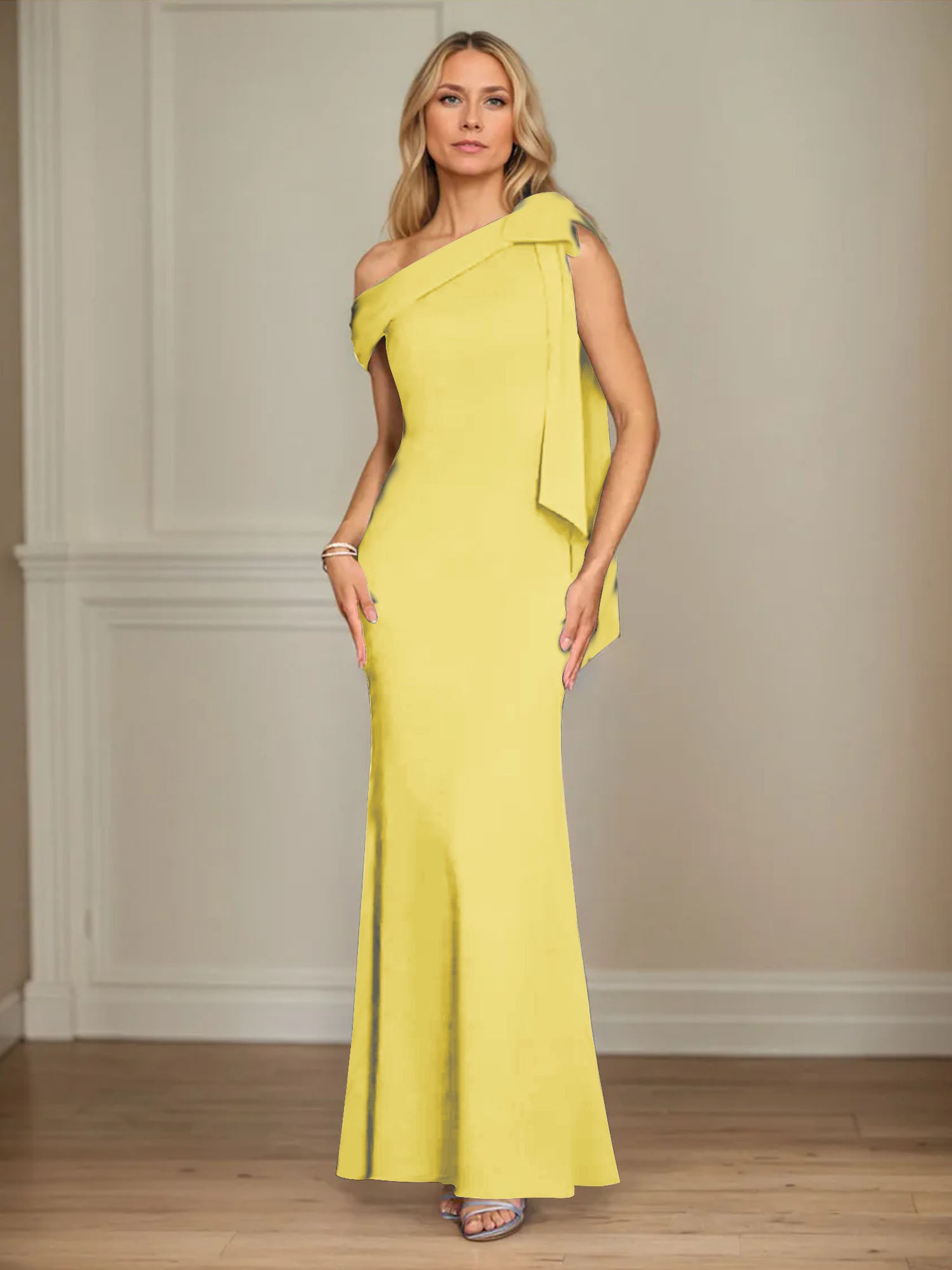 Mermaid One Shoulder Sleeveless Stretch Crepe Mother of the Bride Dress With Bow