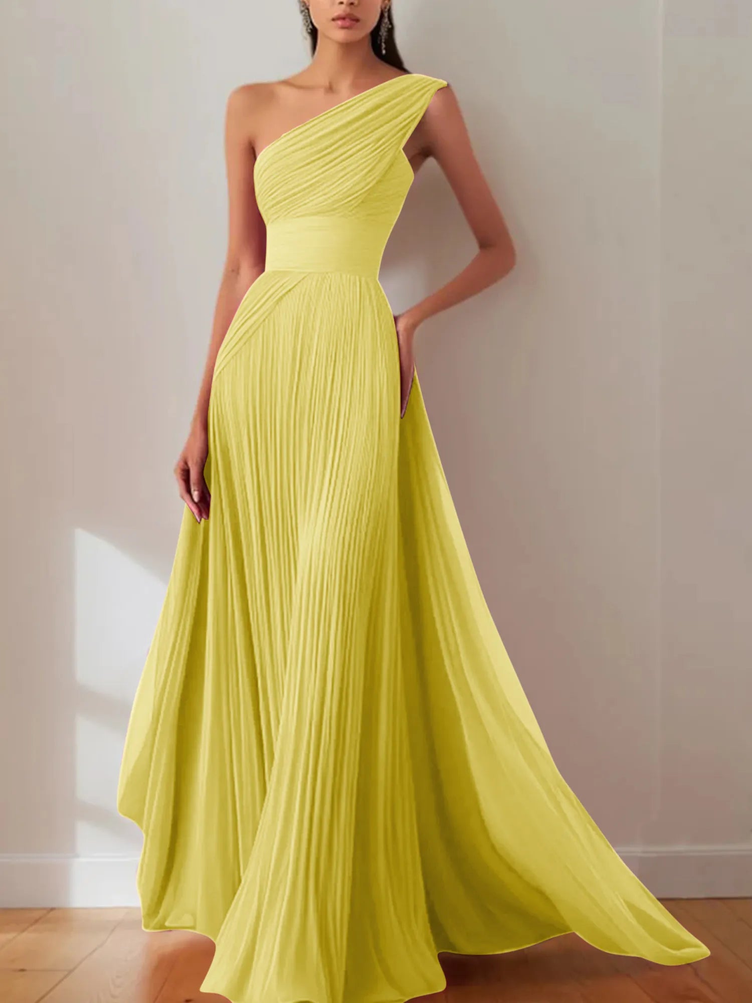 Prom Formal Pleated Dress Rose Color One-Shoulder Maxi Dress
