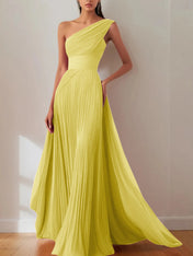 Prom Formal Pleated Dress Rose Color One-Shoulder Maxi Dress