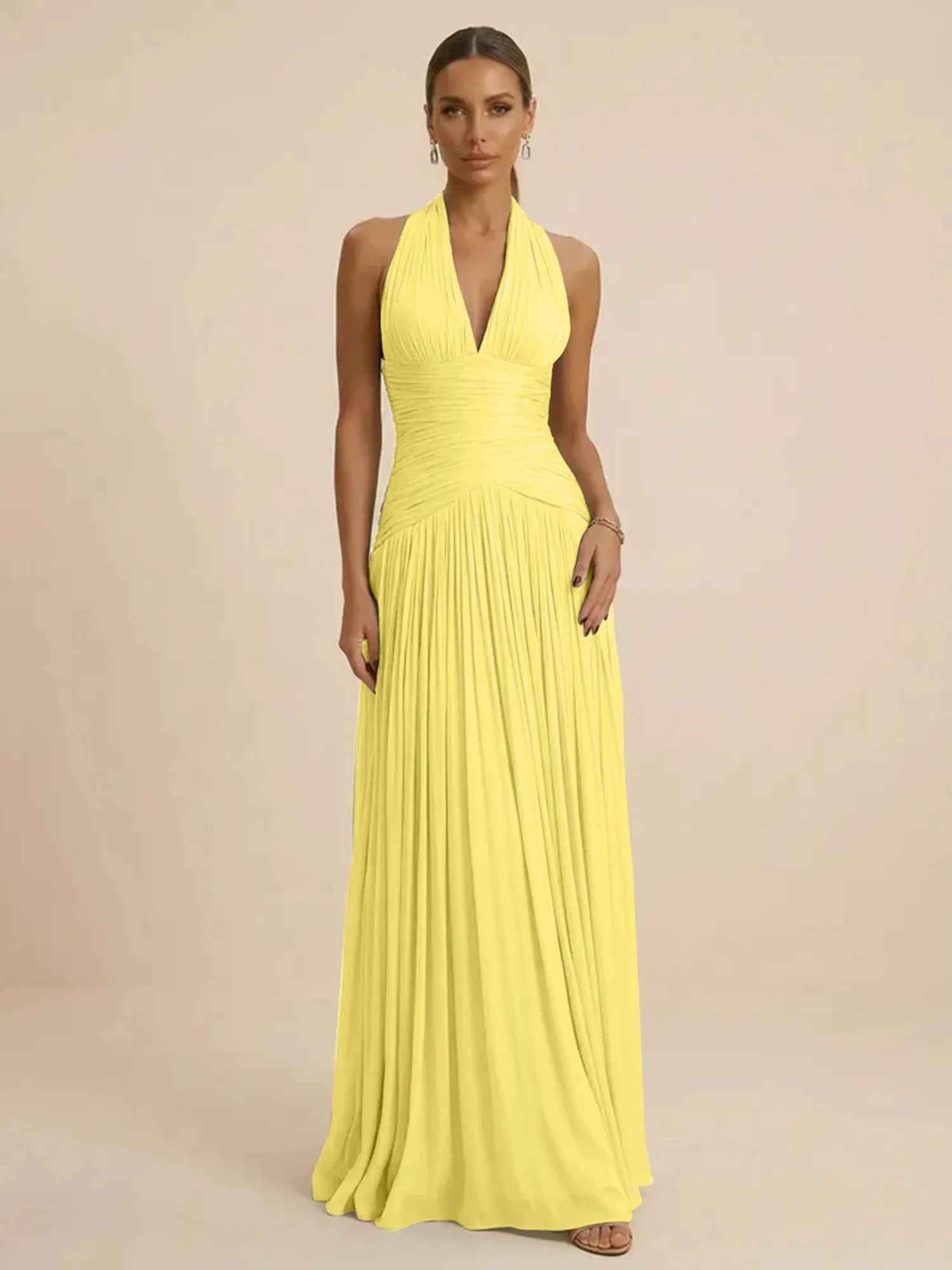 Sage Green Halter Neck Pleated Chiffon Evening Gown with Ruched