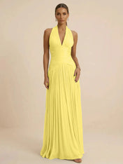 Sage Green Halter Neck Pleated Chiffon Evening Gown with Ruched