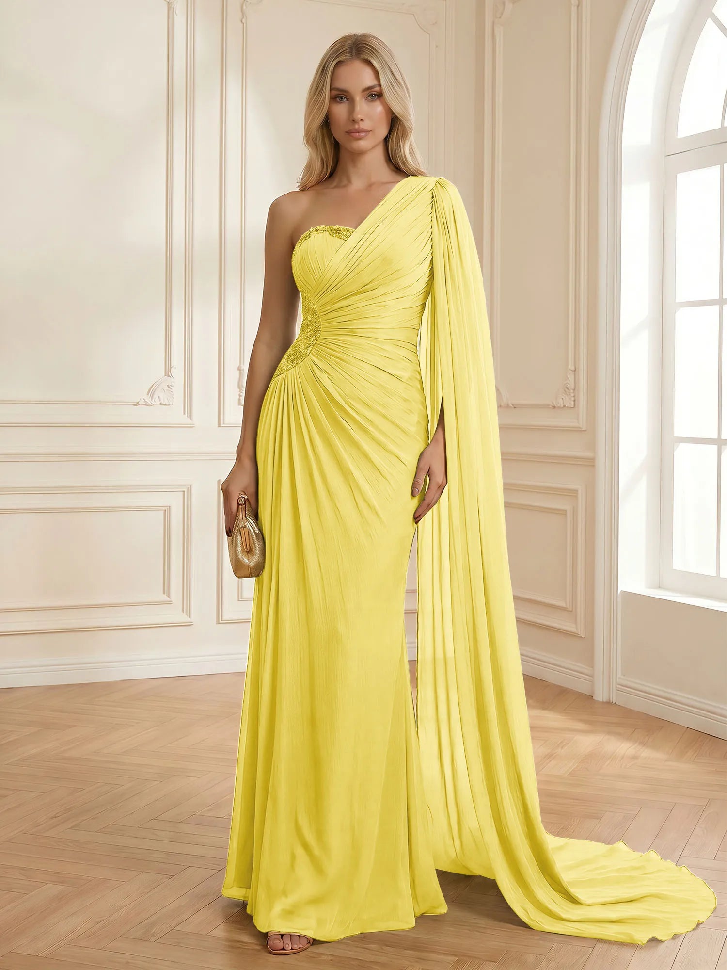 Sage Green One Shoulder Beaded Evening Gown with Cape Sleeve
