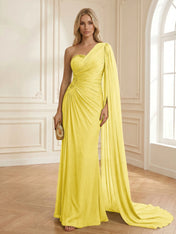 Sage Green One Shoulder Beaded Evening Gown with Cape Sleeve