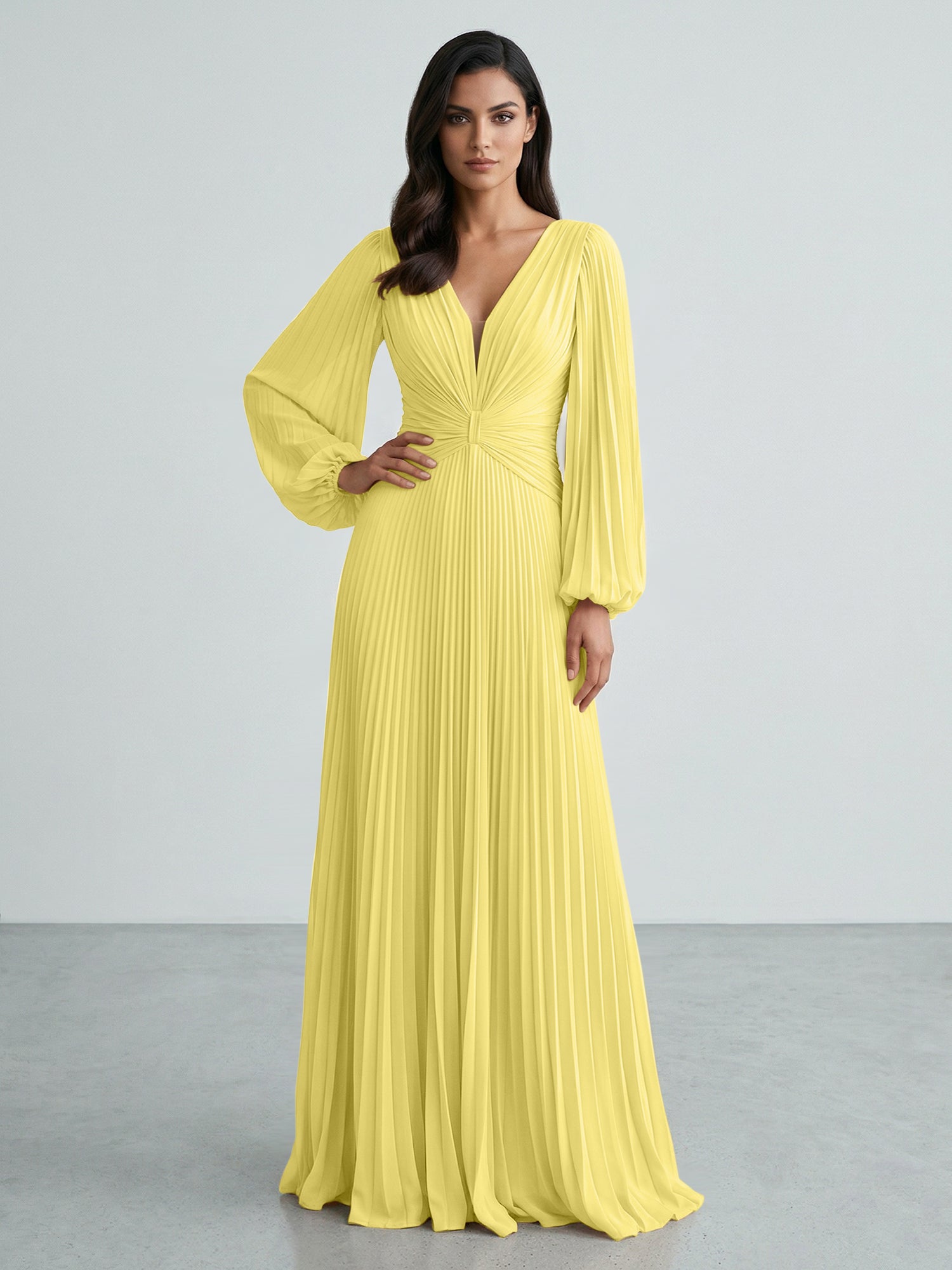 Slate Blue Plunging V-Neck Pleated Long Sleeve Maxi Dress Gown