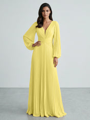 Slate Blue Plunging V-Neck Pleated Long Sleeve Maxi Dress Gown
