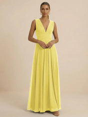 Teal Pleated V-Neck Chiffon Evening Gown with Ruched