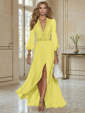 Elegant Beige Chiffon V-neck With Rhinestone Embellishments And A Side Slit Maxi Dress
