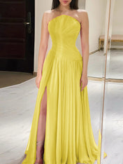 Red Pleated Chiffon Strapless Long Prom Dress with Slit