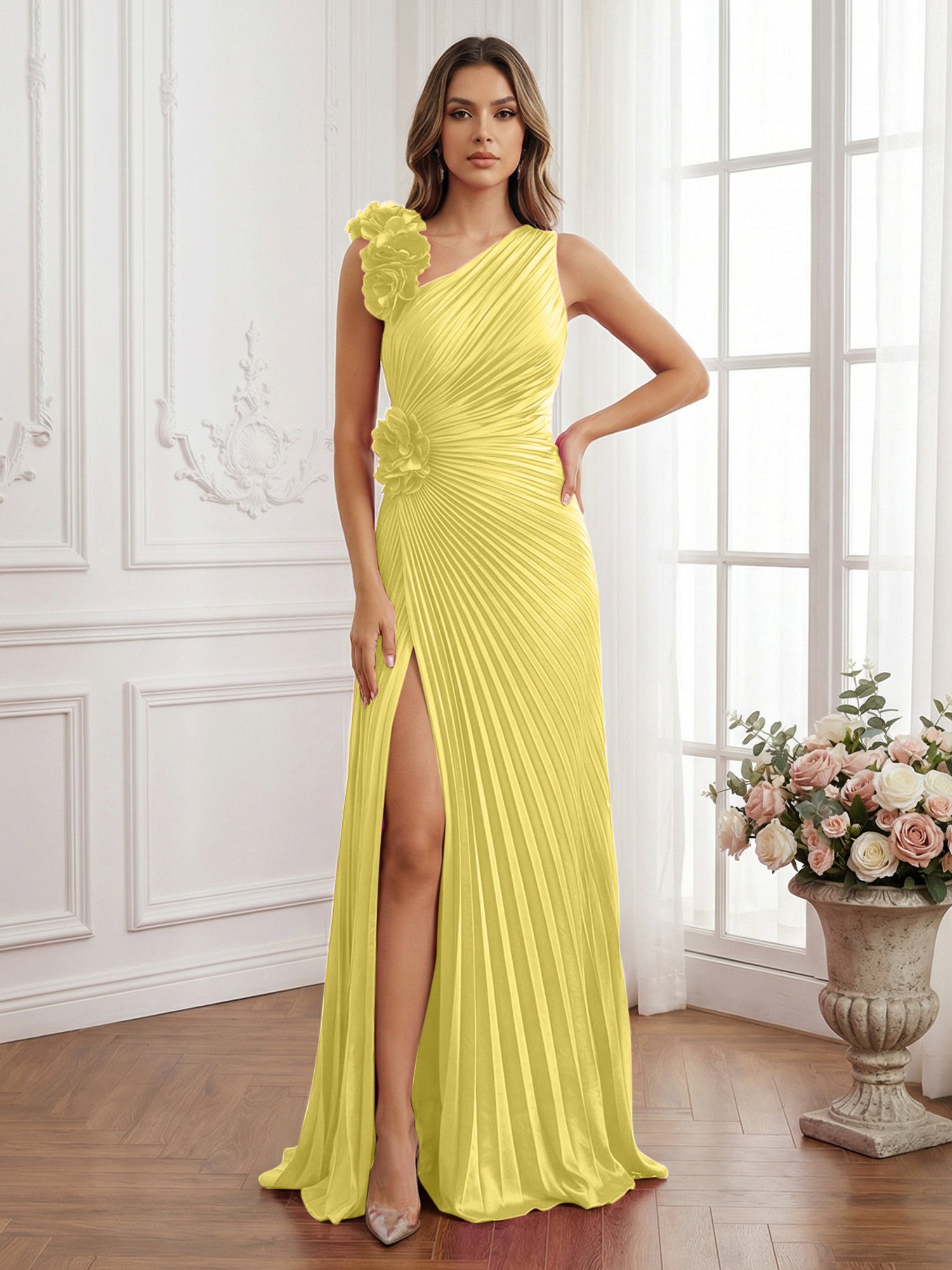 Olive Green Pleated One-Shoulder Prom Dress with 3D Rosettes