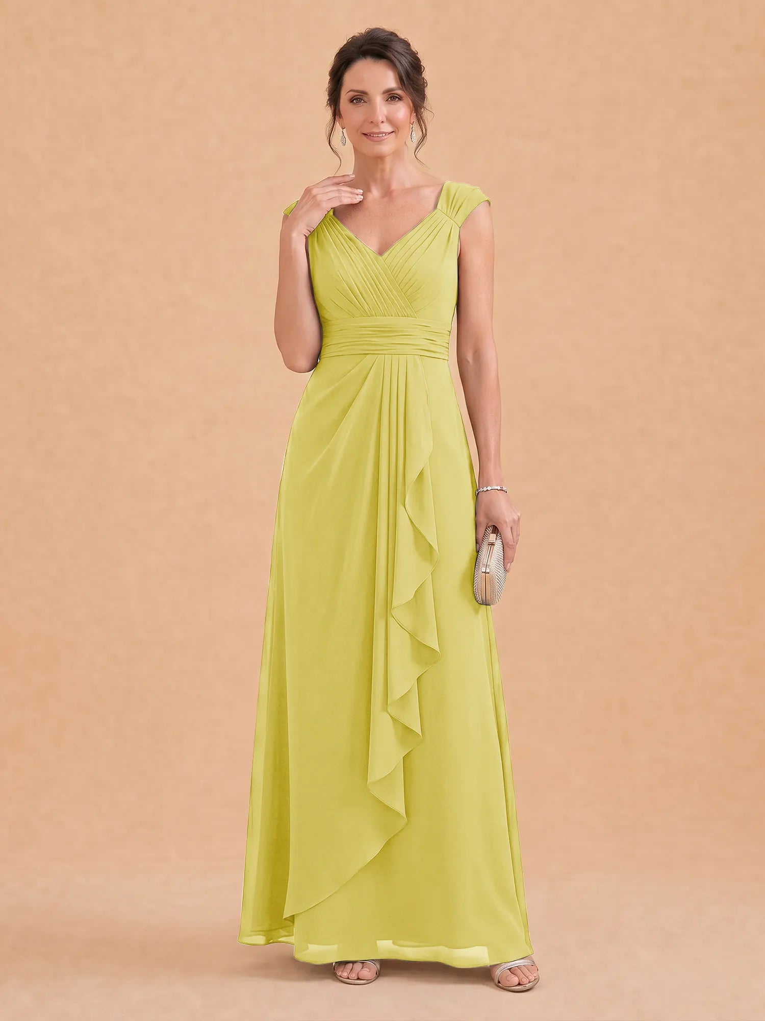 V-Neck Ruched Chiffon A-Line Mother of the Bride Dress with Cascading Ruffle