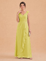 V-Neck Ruched Chiffon A-Line Mother of the Bride Dress with Cascading Ruffle