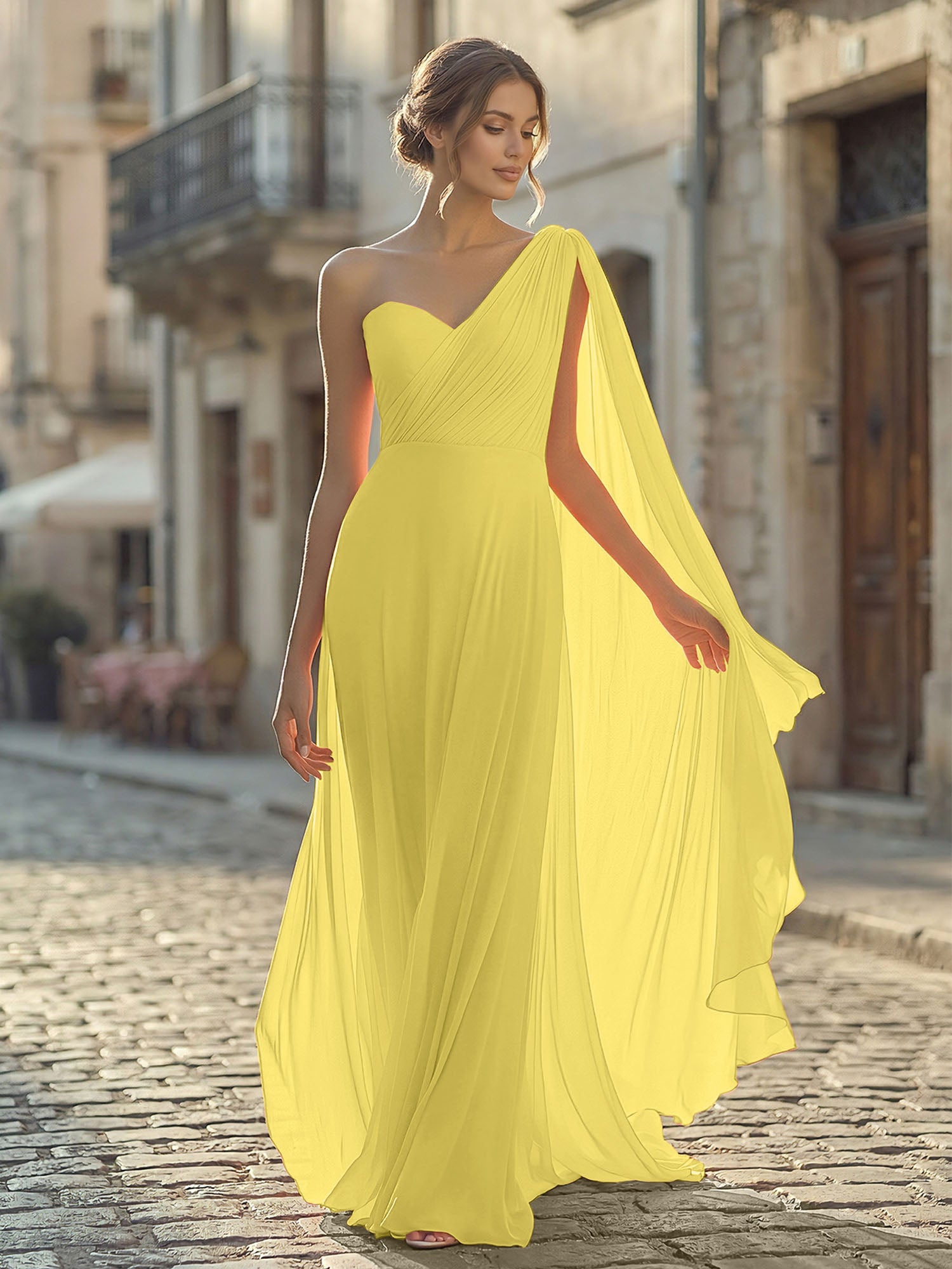 Powder Pink One-Shoulder Chiffon Cape Gown Maxi Dress