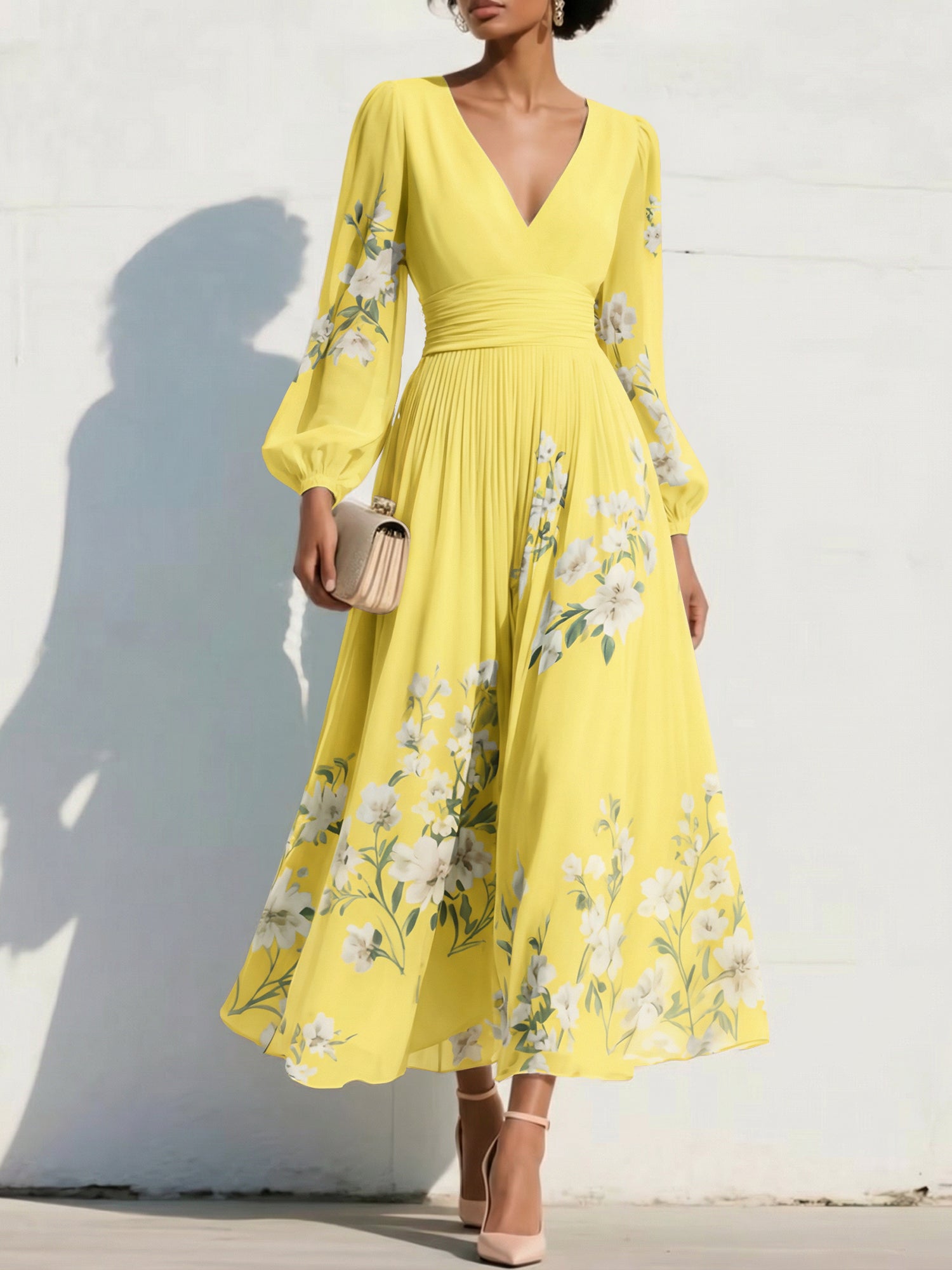 Elegant Floral V-Neck Pleated Midi Dress with Long Sleeves