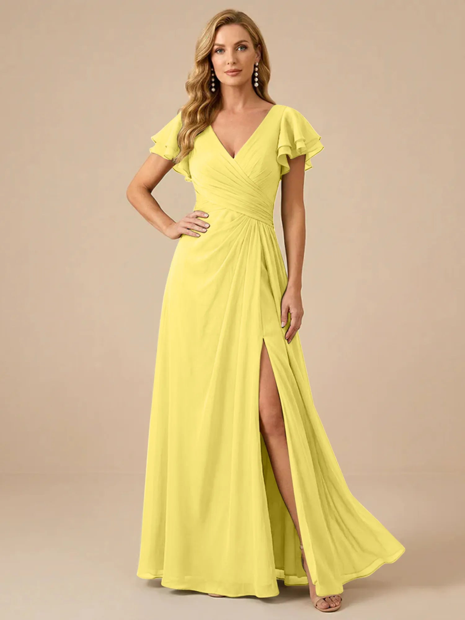 Sage Green V-Neck High-Slit Pleated Chiffon Dress