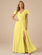 Sage Green V-Neck High-Slit Pleated Chiffon Dress