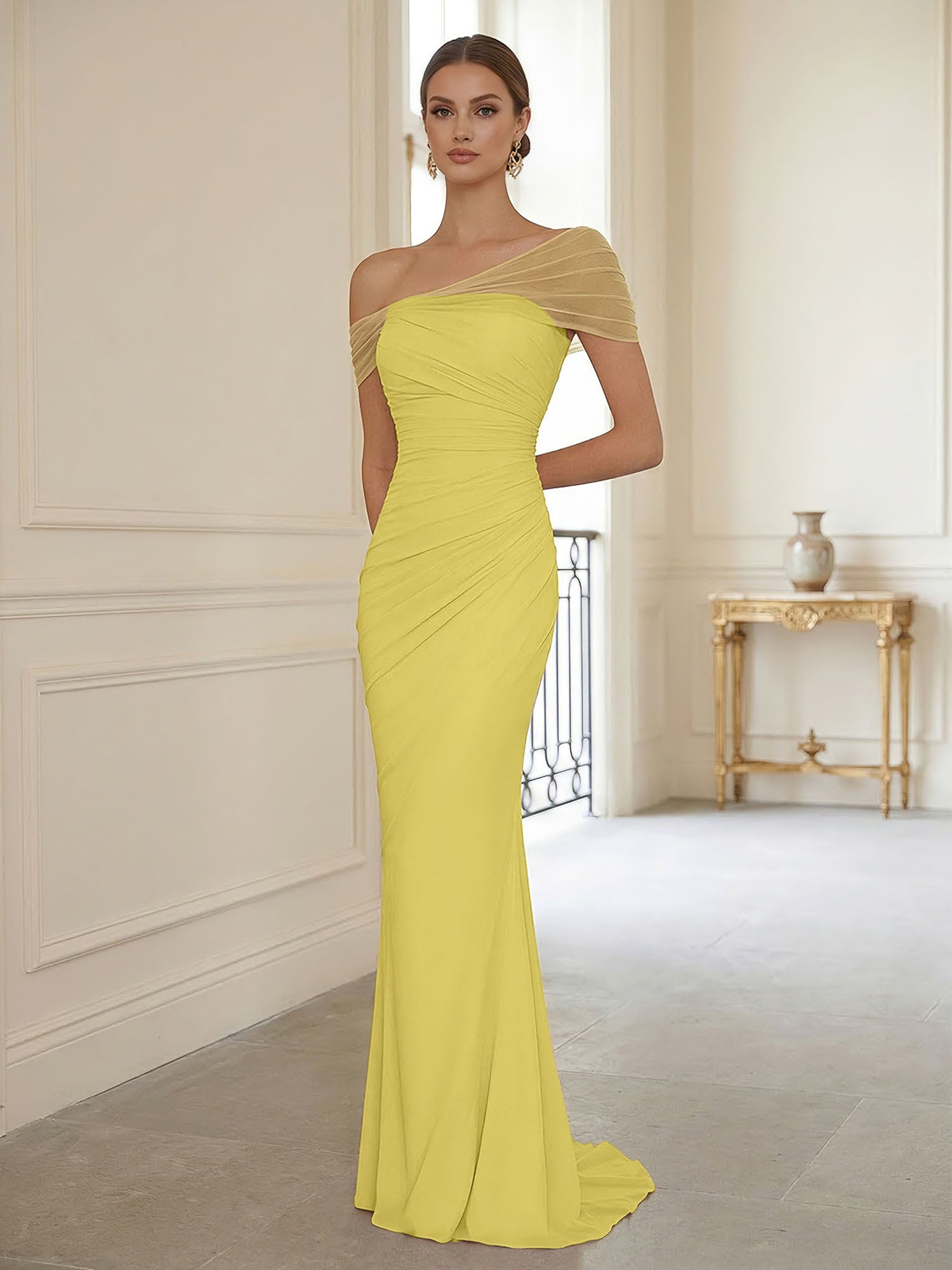 Sophisticated Blush Pink Asymmetrical Ruched Maxi Dress Evening Gown