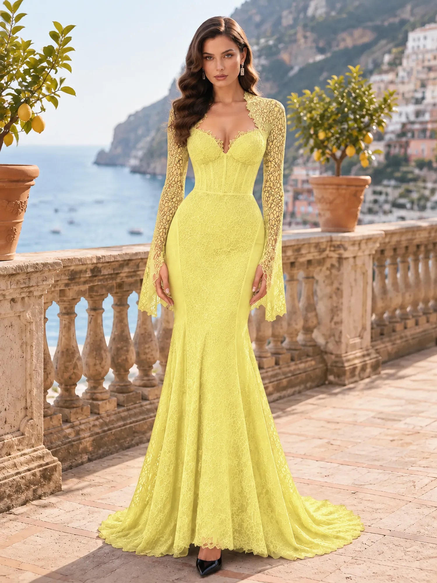 Long-Sleeve Lace-Trimmed Mermaid Evening Dress