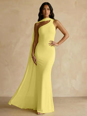 Yellow One-Shoulder Crepe Sheath Gown with Flowing Chiffon Cape Train