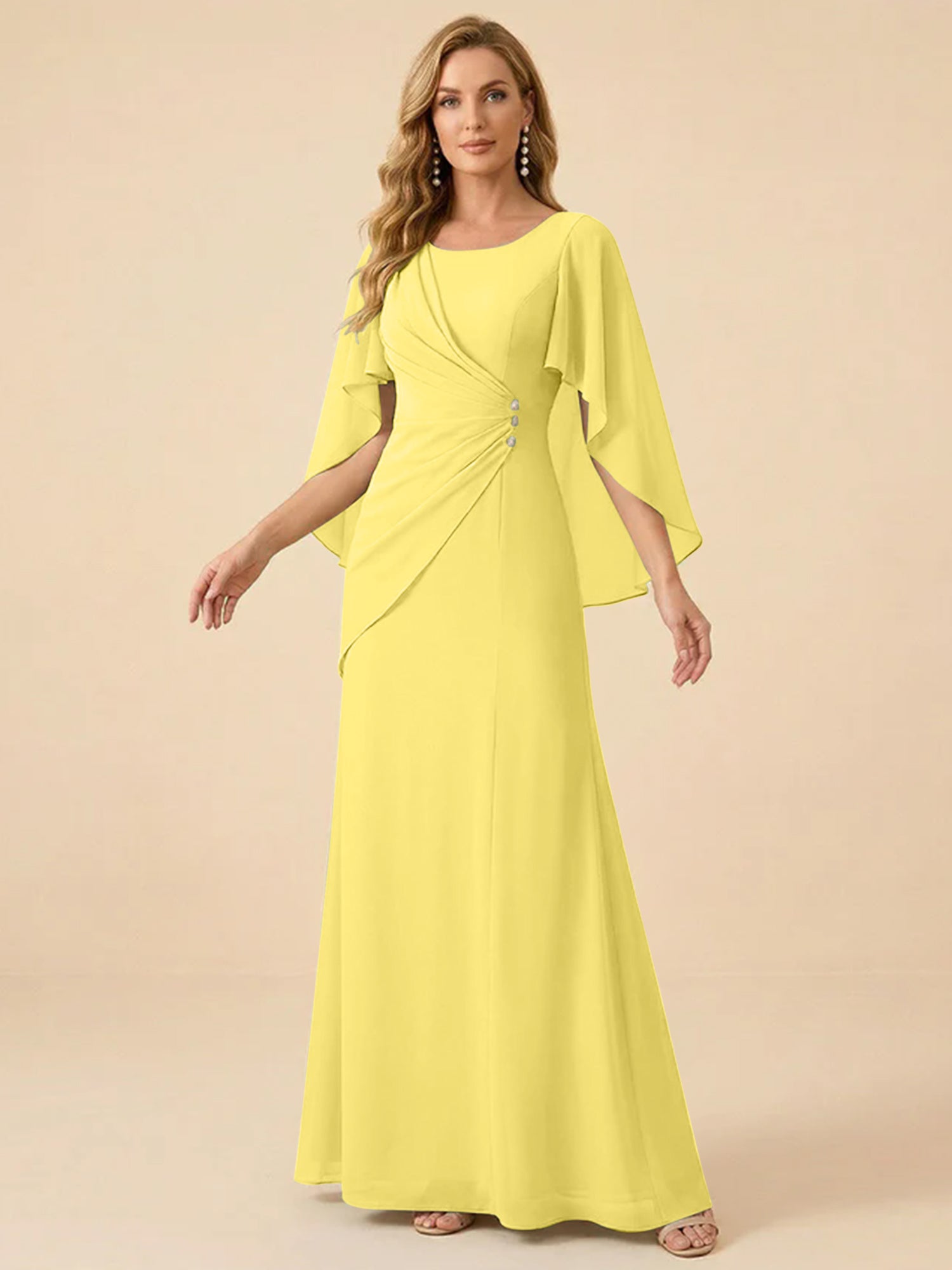 Sage Green Chiffon Beaded Mother of the Bride Dress with Cape Sleeves