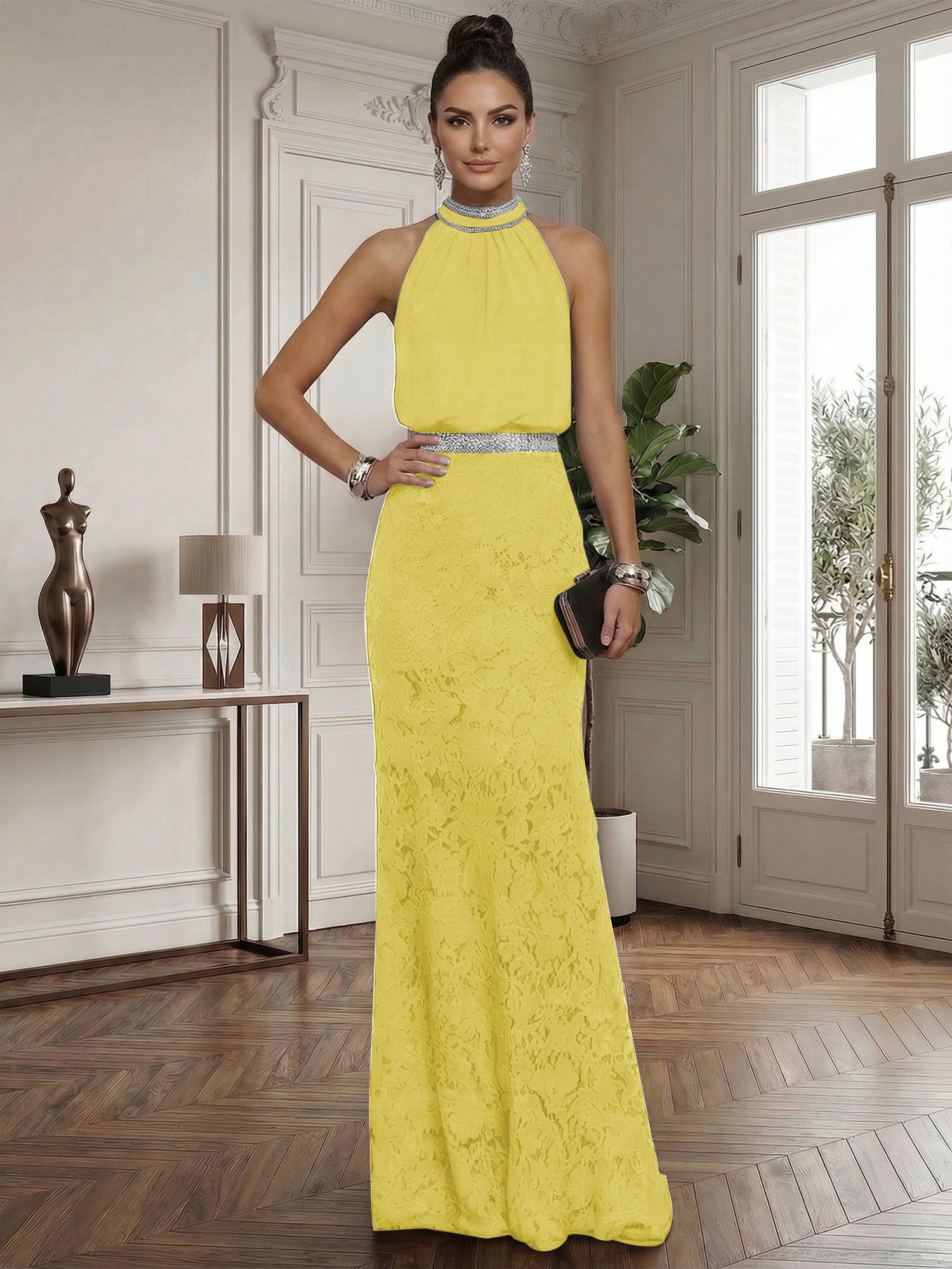 Purplish Rhinestone Ruched Lace Halter Sleeveless Mermaid Gown Dress