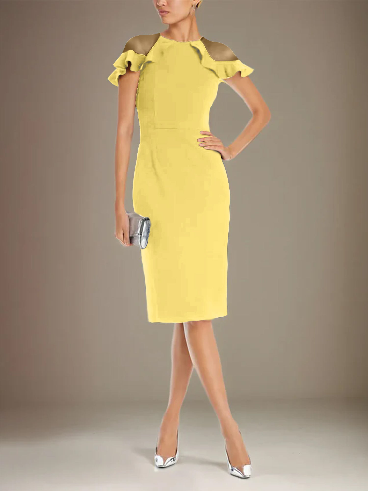 Column Stretch Crepe Scoop Short Sleeves Knee Length Dress