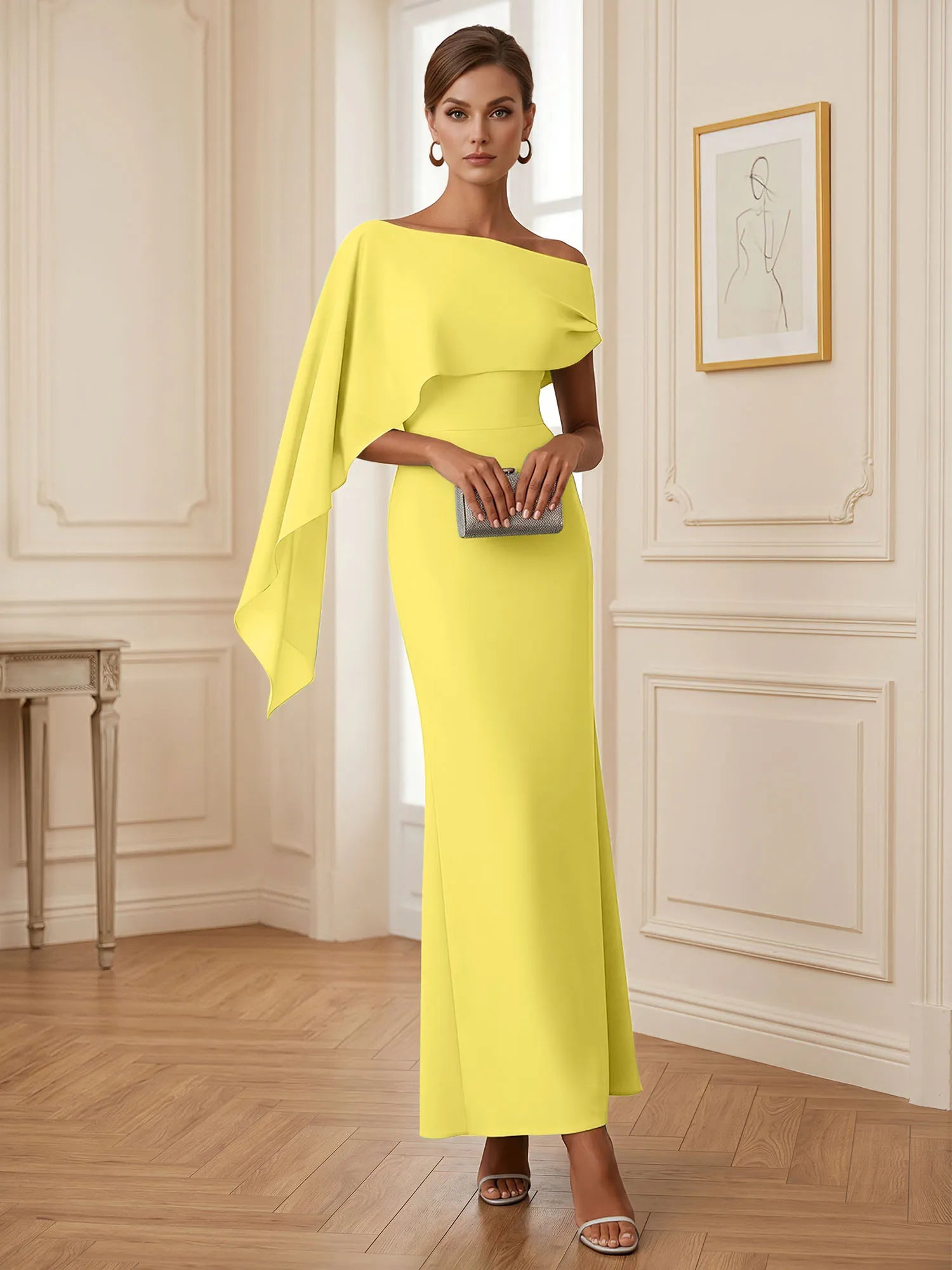 Elegant Mint Green One-Shoulder Chiffon Mermaid Formal Evening Dress with Cape and Ruffles