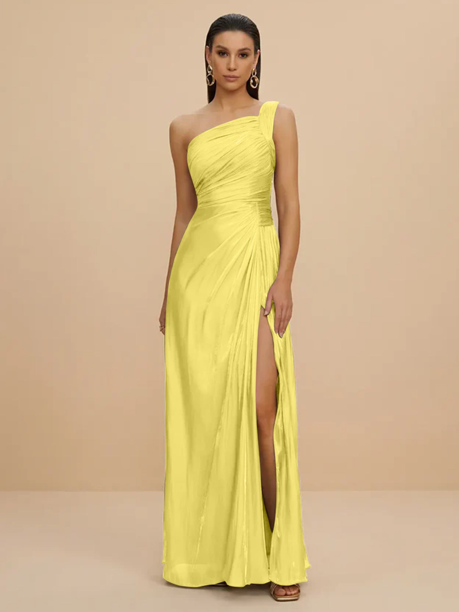 Forma Dress One Shoulder Metallic Pleated Evening Gown with High Slit