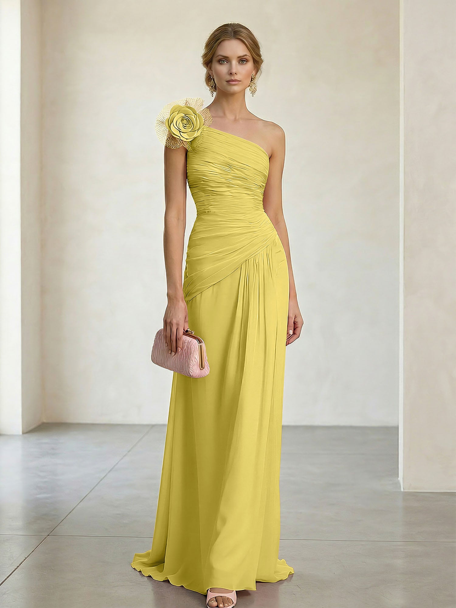 Blush Pink One-Shoulder Ruched 3D Floral Gown Dress