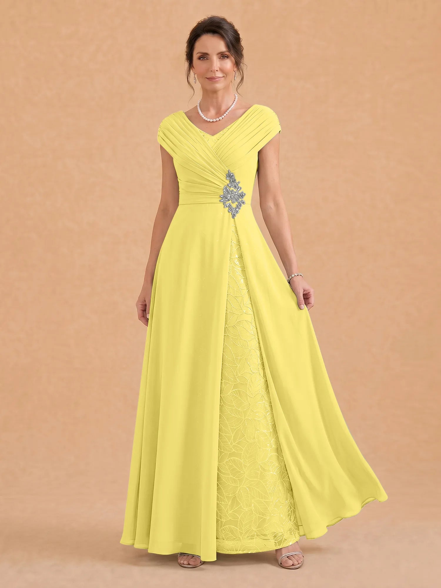 V-Neck Ruched Chiffon A-Line Mother of the Bride Dress with Crystal Brooch