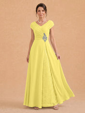 V-Neck Ruched Chiffon A-Line Mother of the Bride Dress with Crystal Brooch