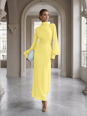 Ice Blue High-Neck Bishop Sleeve Gown Foraml Evening Dress