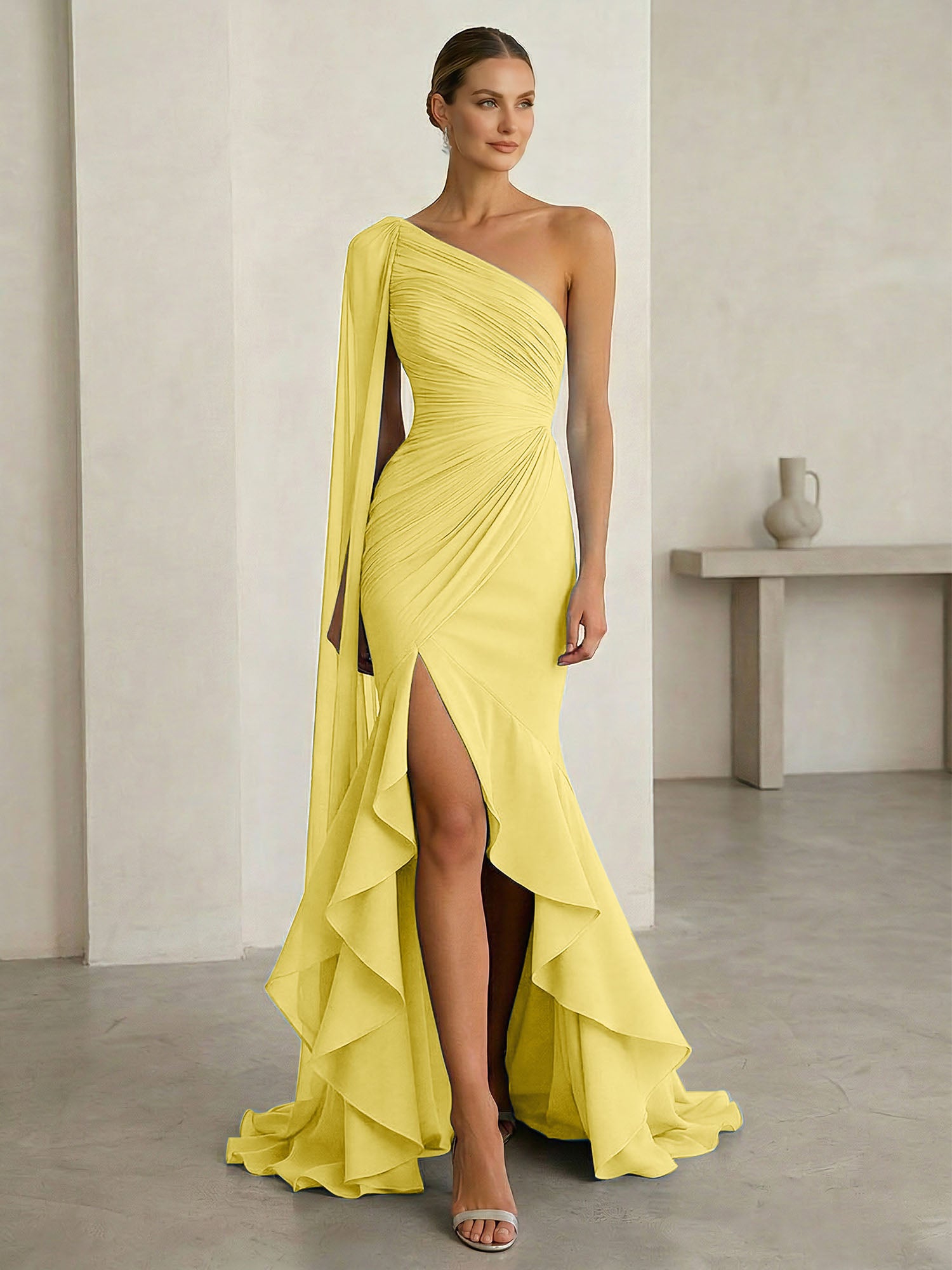 Glamorous Midnight Navy Formal Evening Dress One-Shoulder Ruched Cape Gown