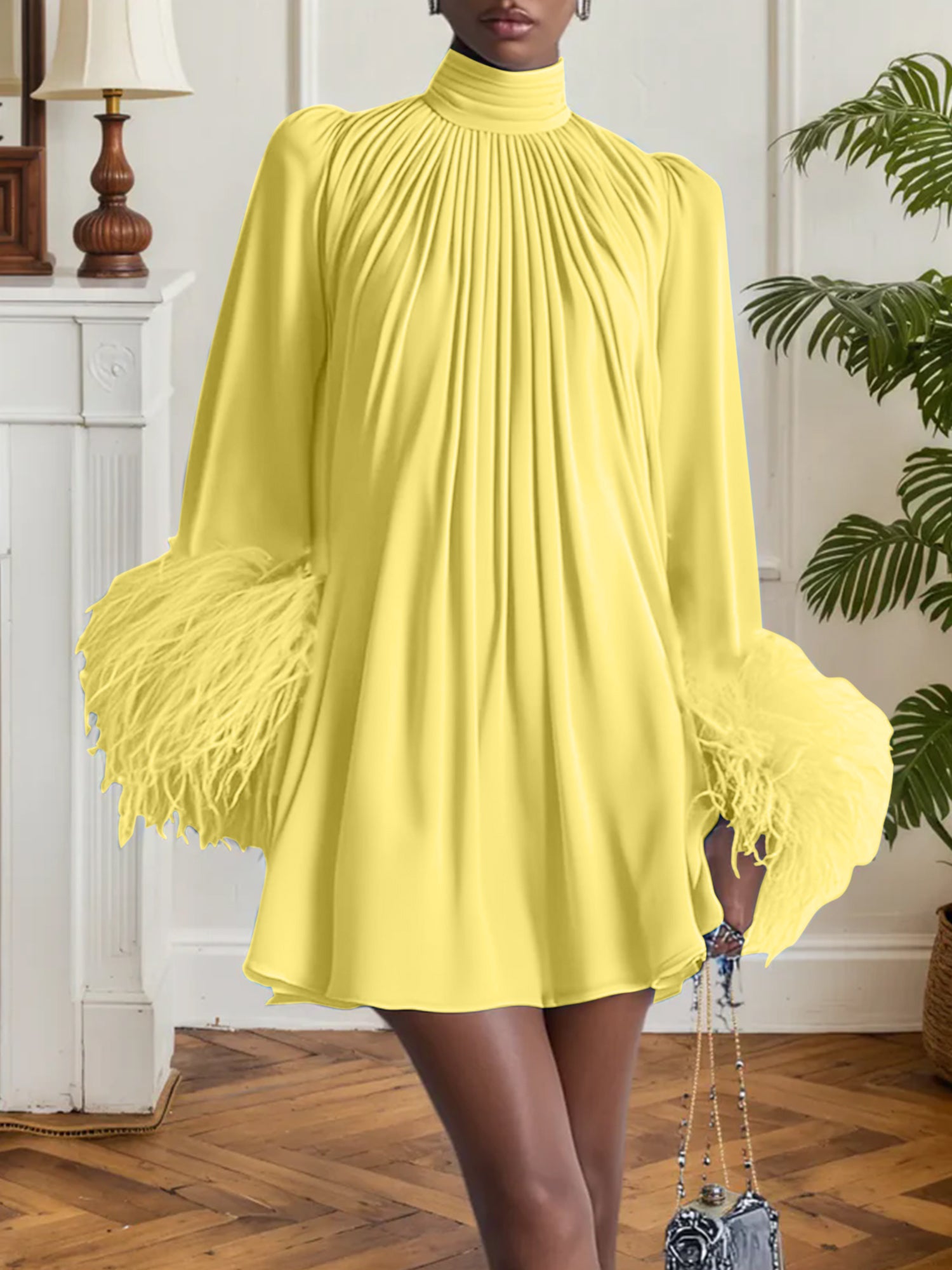 Blue Feather Ruched Chiffon Mock Neck Long Sleeve A-Line Mini Dress