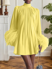 Blue Feather Ruched Chiffon Mock Neck Long Sleeve A-Line Mini Dress