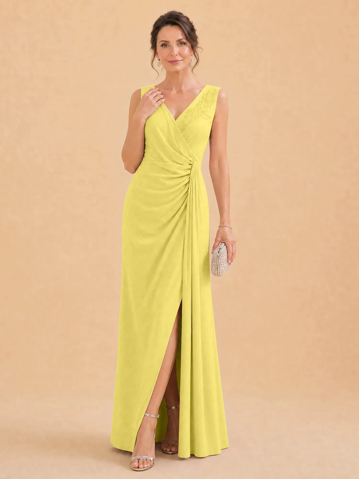 V-Neck Faux-Wrap Evening Gown with Side Draping Mother of The Bride Dresses