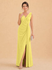 V-Neck Faux-Wrap Evening Gown with Side Draping Mother of The Bride Dresses