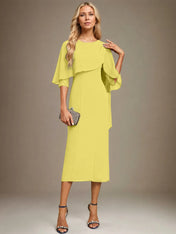 Sheath/Column Scoop Tea Length Chiffon Dress With Pleated Beading