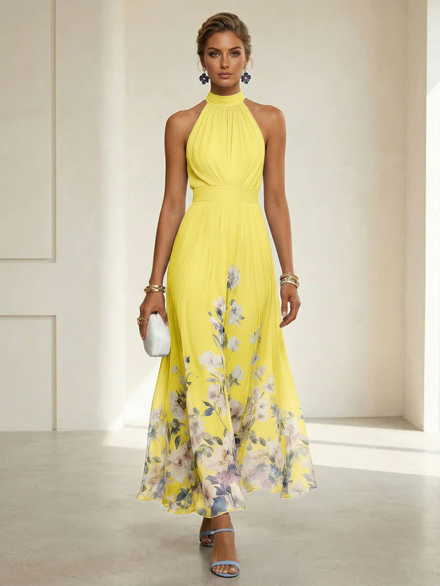 Light Blue Floral Chiffon Halter Sleeveless A-Line Maxi Dress Gown