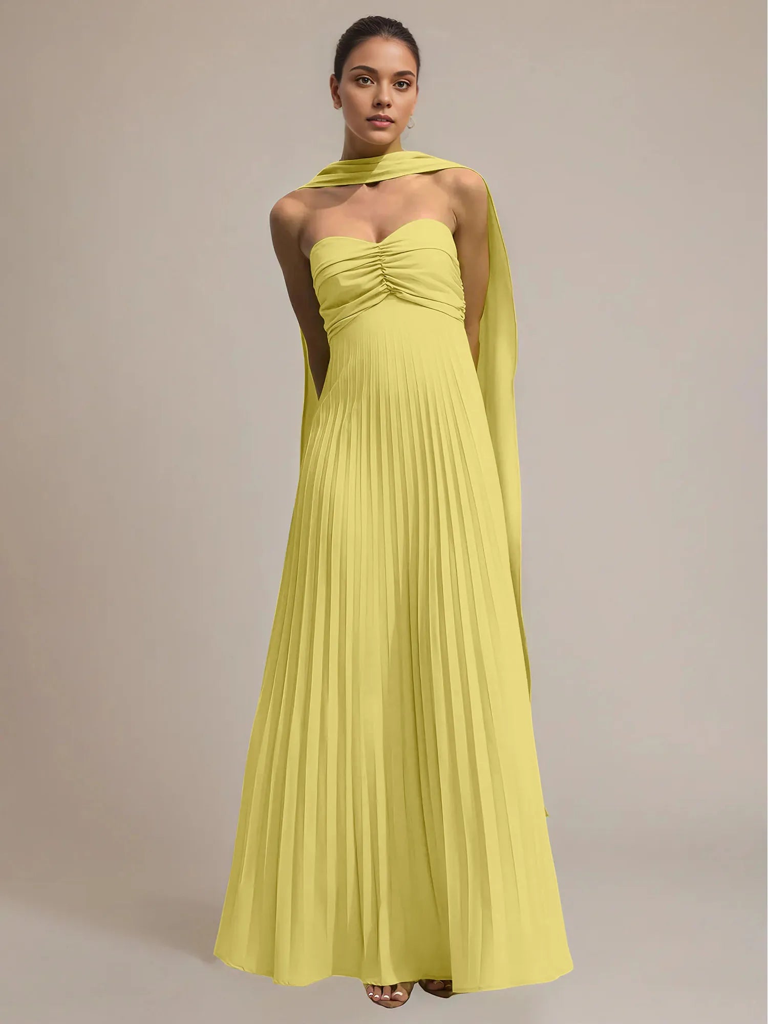 Green Chiffon A Line Off The Shoulder Sleeveless Floor Length Pleated Dress