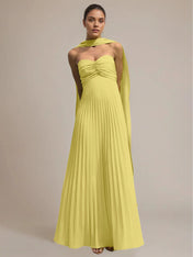 Green Chiffon A Line Off The Shoulder Sleeveless Floor Length Pleated Dress