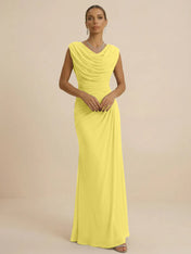 Dusty Grey Draped Cowl Neck Ruched Chiffon Evening Dresses