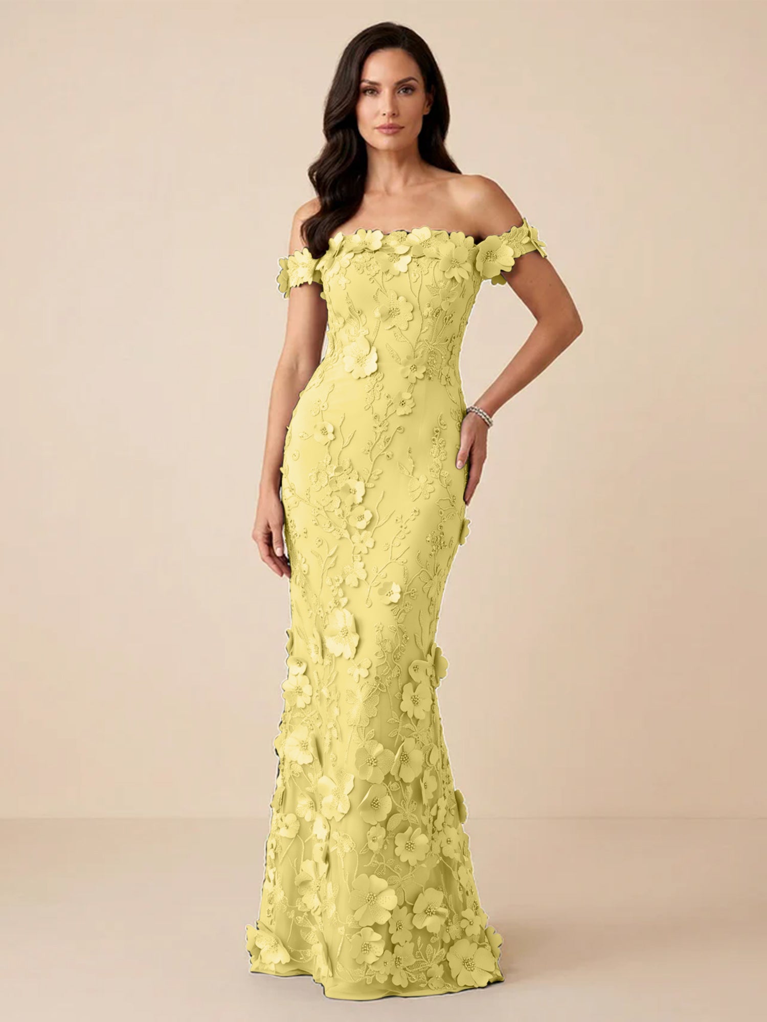 Black Off-the-Shoulder 3D Floral Mermaid Formal Gown Evening Dress
