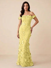 Black Off-the-Shoulder 3D Floral Mermaid Formal Gown Evening Dress