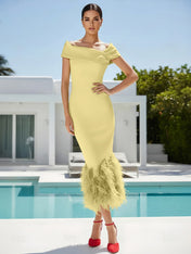 Striking Chartreuse Off-the-Shoulder Feather Trim Midi Dress Gown