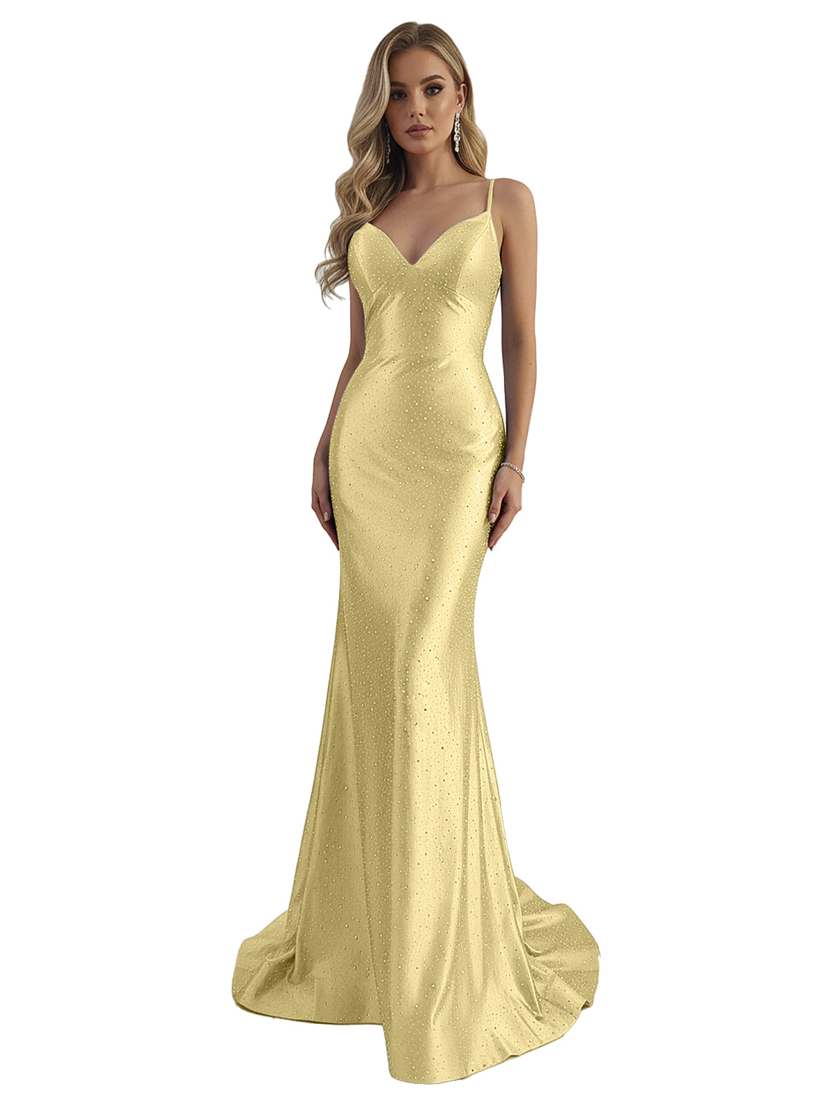 Blue Mermaid Spaghetti Straps V-Neck Rhinestone Long Prom Dress