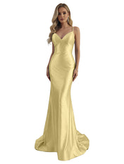 Blue Mermaid Spaghetti Straps V-Neck Rhinestone Long Prom Dress